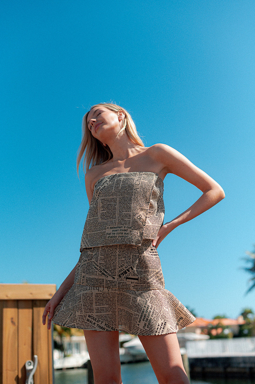 Newspaper Print Asymmetrical Top | Beige